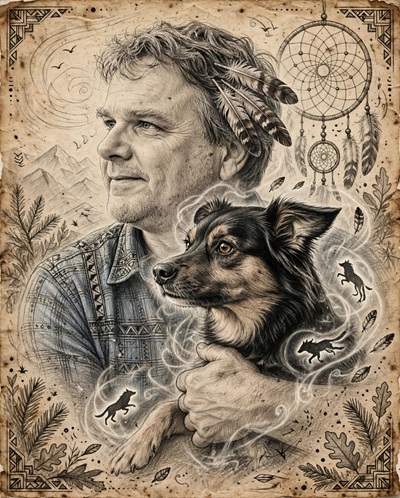 Schamane Philipp Kupferschmid mit Hund in Basel